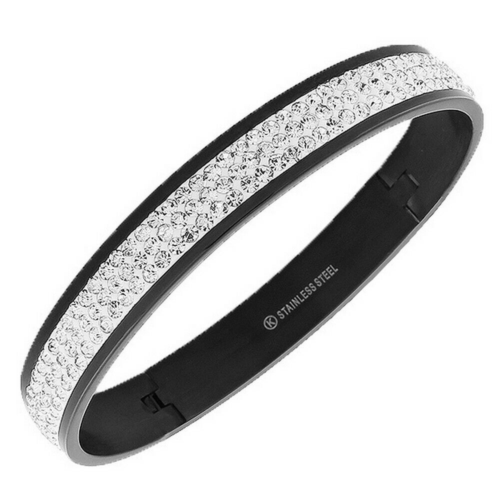 

Stainless Steel Black Tone White Crystals CZ Womens Bangle Bracelet