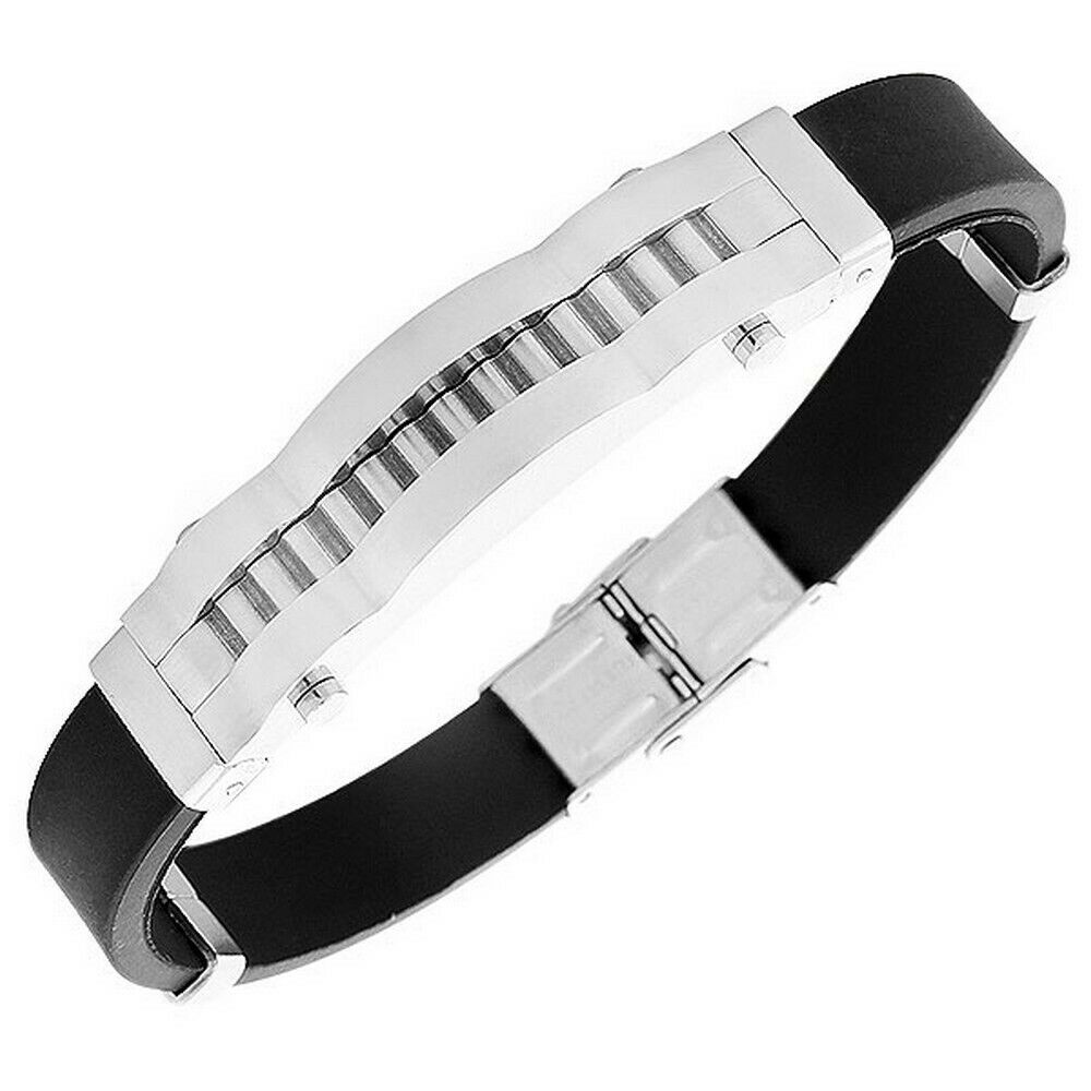 

Stainless Steel Black Rubber Silver-Tone Mens Bangle Bracelet