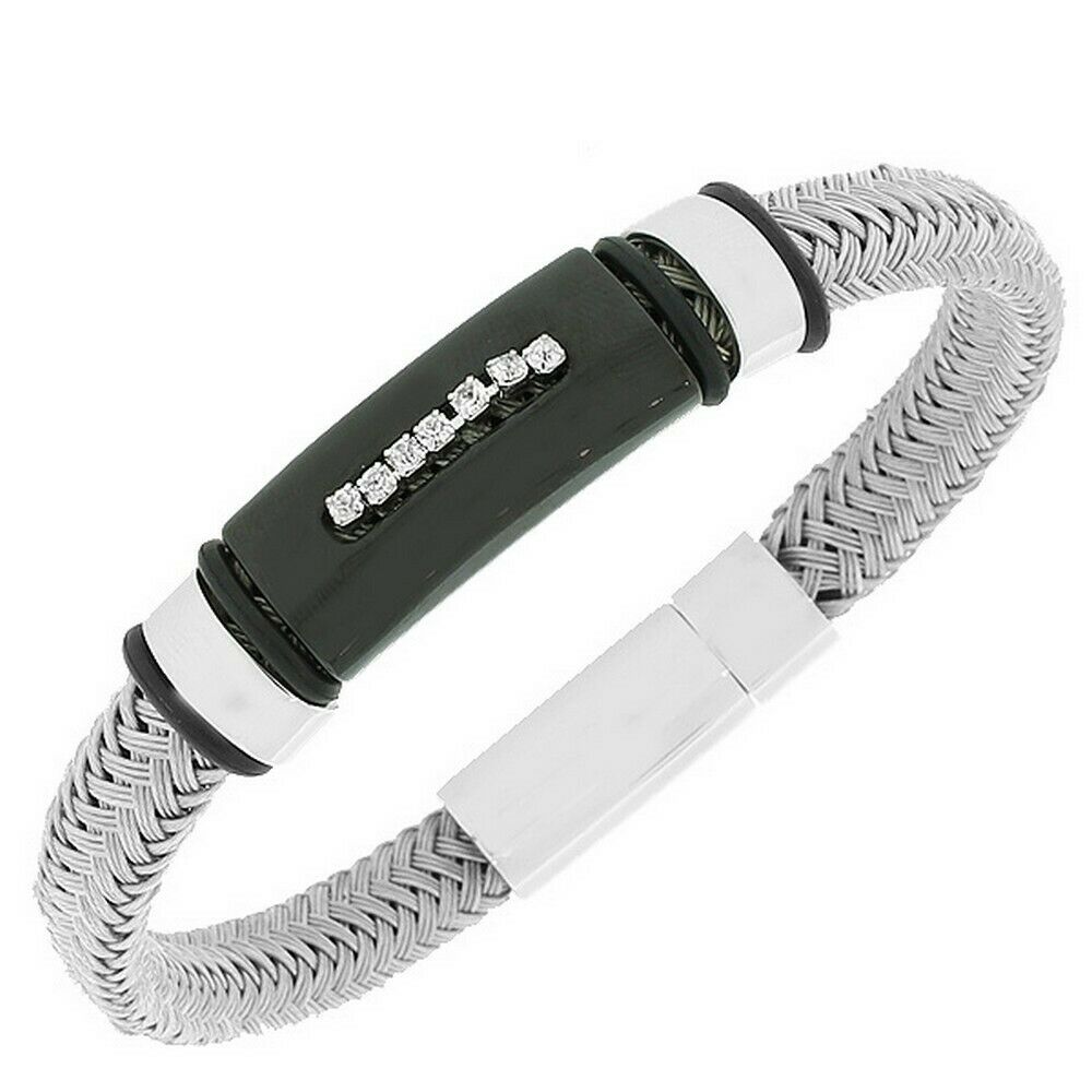 

Stainless Steel White Crystals Black and Silver Tone Mens Bangle Bracelet