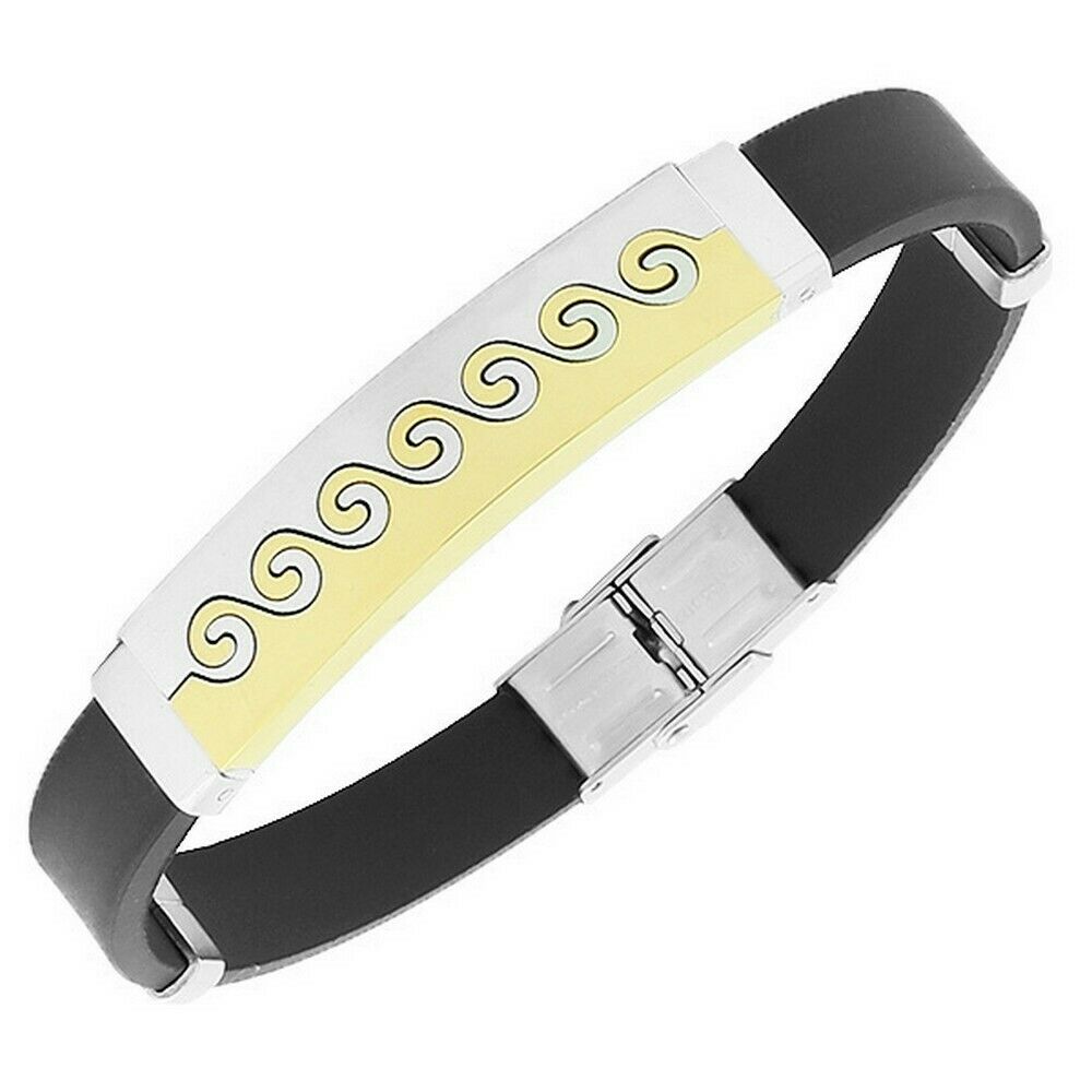 

Stainless Steel Black Rubber Silver Gold Tone Surfing Waves Mens Bangle Bracelet