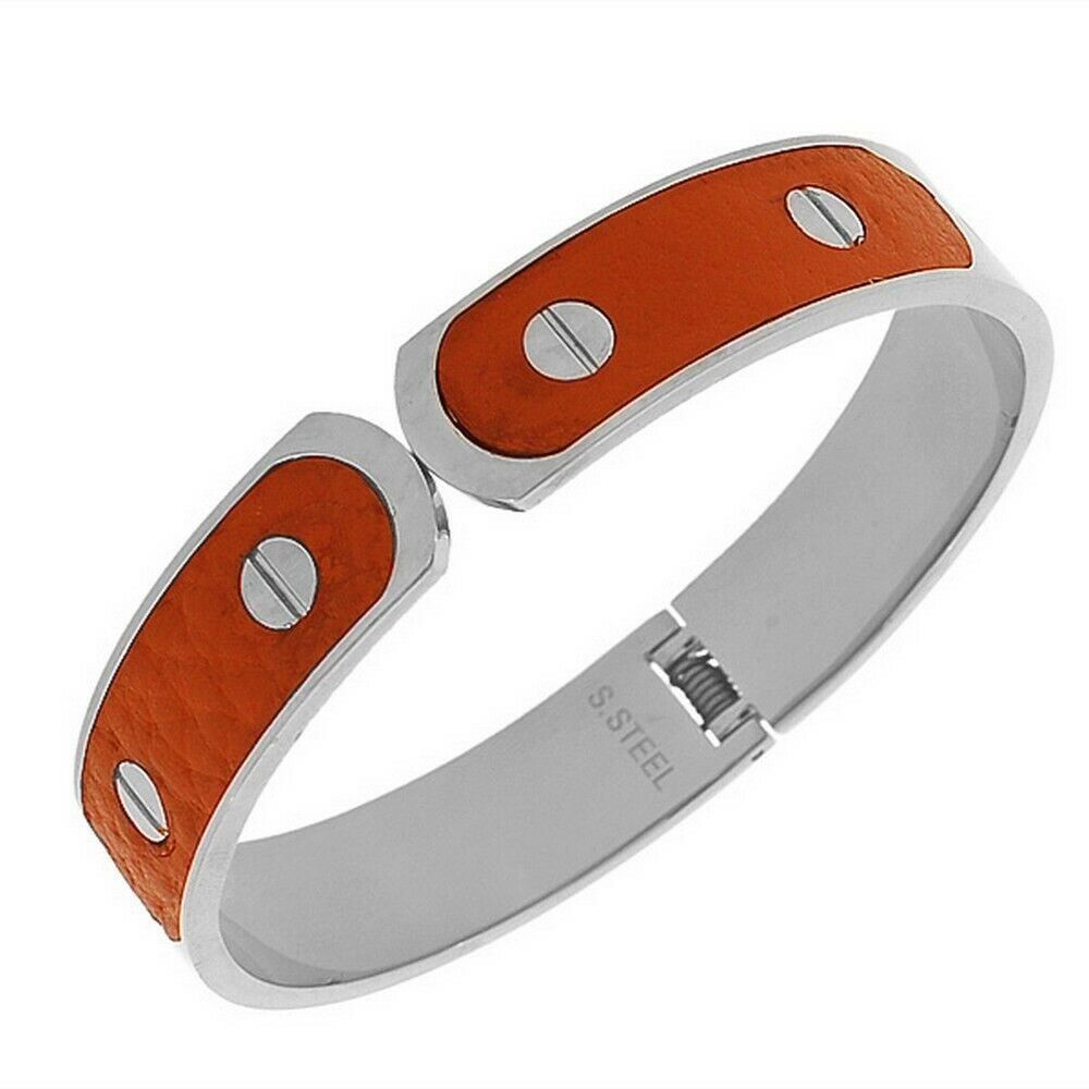 

Stainless Steel Silver-Tone Brown Cuff Womens Bangle Bracelet