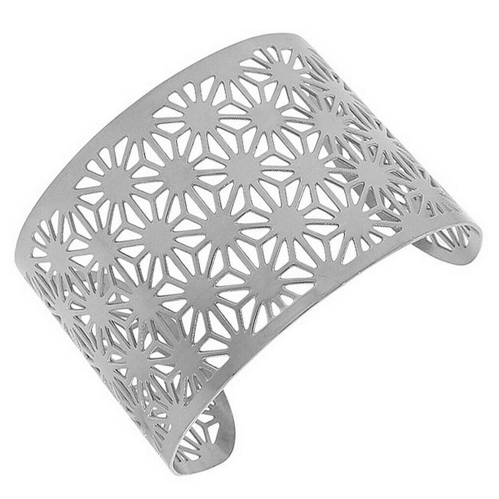 

Stainless Steel Silver-Tone Cut-Out Design Wide Open End Cuff Bangle Bracelet