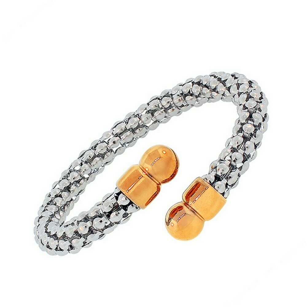 

Stainless Steel Silver Rose Gold Two-Tone Open End Womens Bangle Bracelet