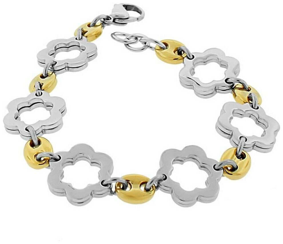 

Stainless Steel Silver Yellow Gold Womens Links Chain Floral Bracelet