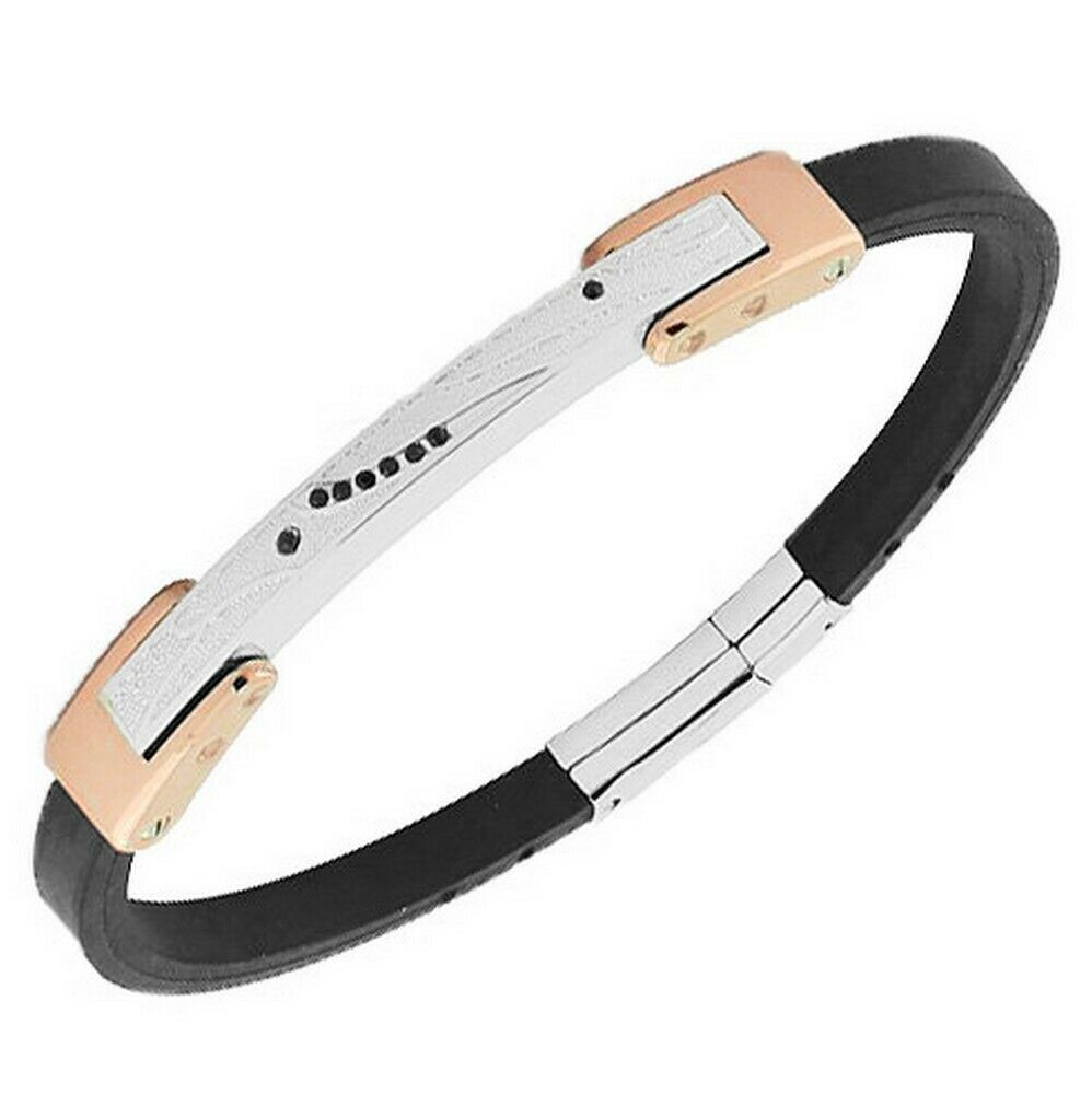 

Stainless Steel Black Rubber Two Tone Black Crystals Mens Bracelet