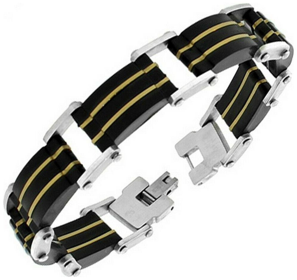 

Stainless Steel Silver Black Yellow Gold-Tone Link Chain Mens Bracelet