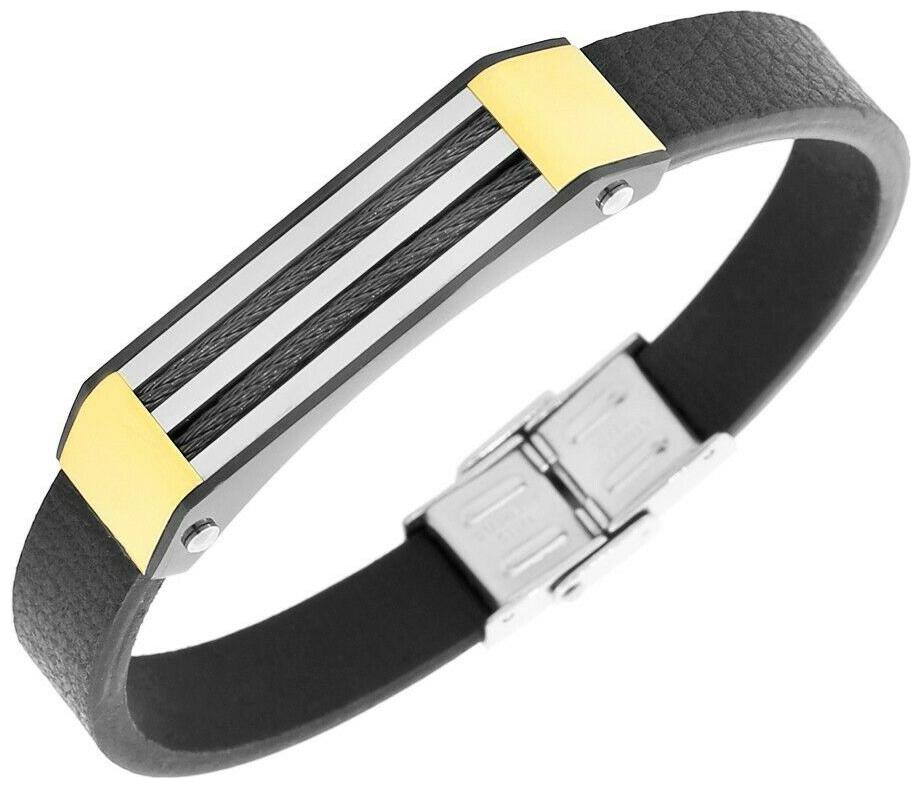 

Stainless Steel Black Leather Silver Gold-Tone Twisted Cable Rope Mens Bracelet