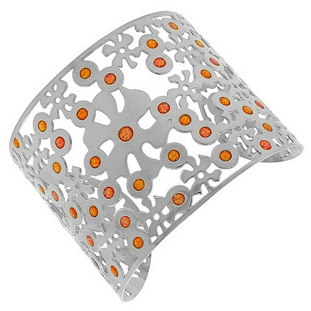 

Stainless Steel Silver Cut-Out Floral Multicolor Wide Open End Cuff Bracelet