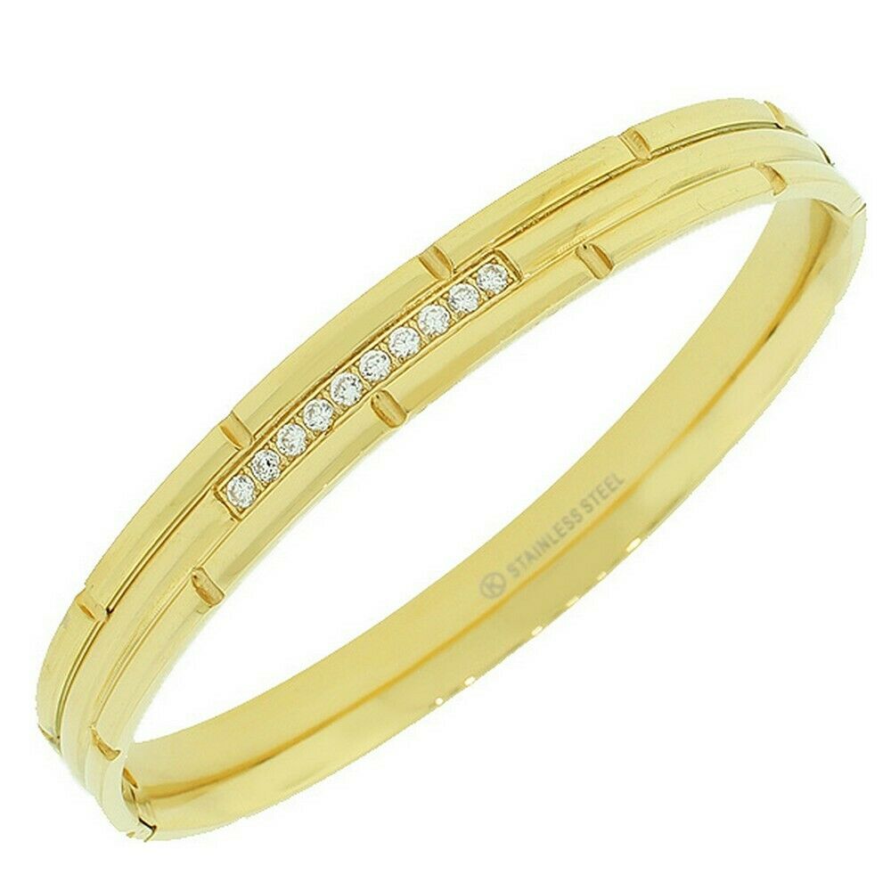 

Stainless Steel Gold Tone Faceted White Crystals CZ Womens Bangle Bracelet