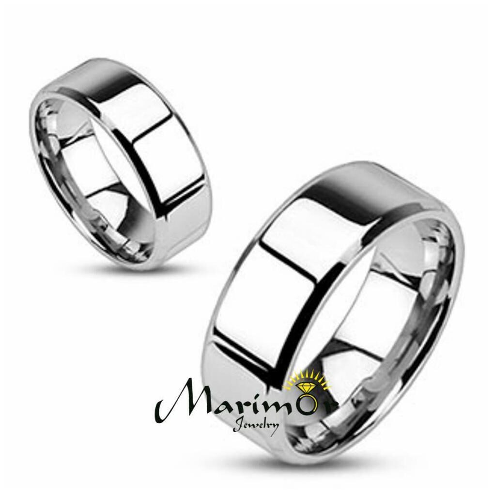 

Stainless Steel Mirror Polished Flat Band with Beveled Edge 4-8mm Width Sz 5-14
