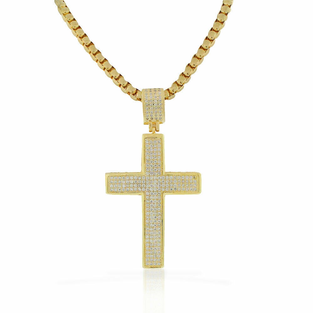 

Stainless Steel Gold-Tone White Clear CZ Hip-Hop Latin Cross Pendant Necklace