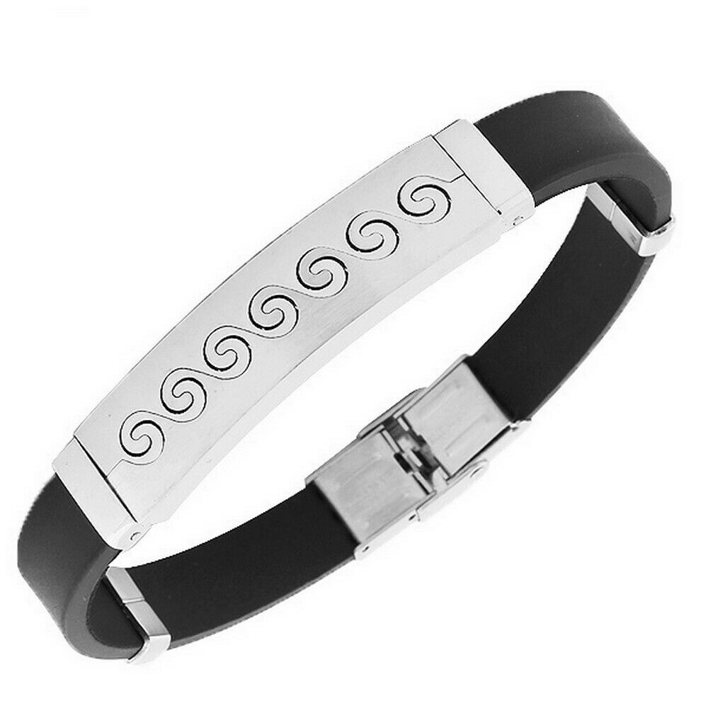 

Stainless Steel Black Rubber Silver Tone Surfing Waves Mens Bangle Bracelet