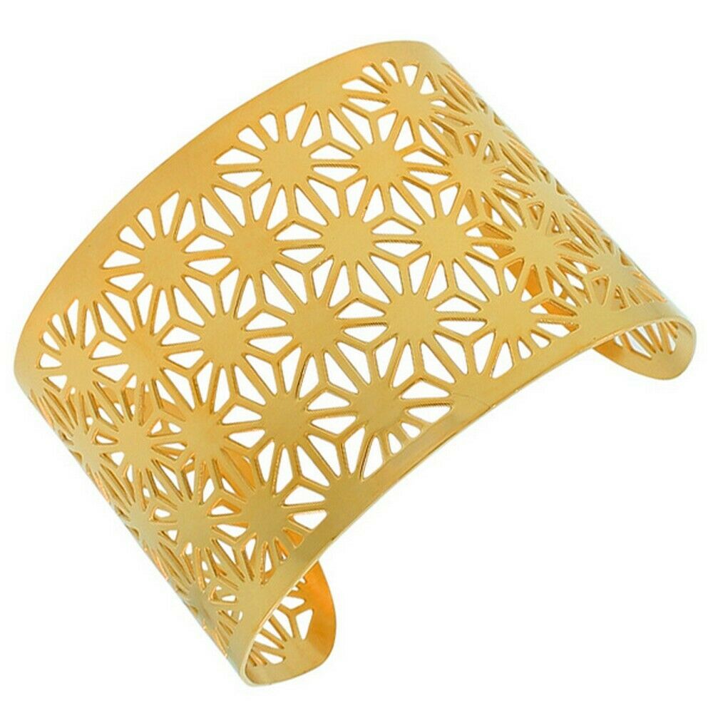 

Stainless Steel Gold-Tone Cut-Out Design Wide Open End Cuff Bangle Bracelet