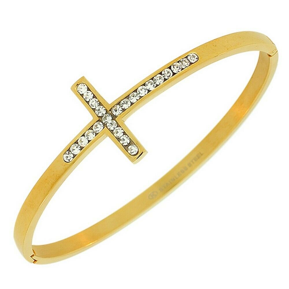 

Stainless Steel Yellow Gold-Tone Religious Cross White Crystals Womens Bracelet