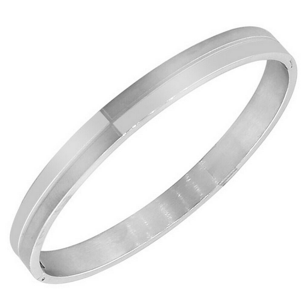 

Stainless Steel Oval Silver-Tone Classic Matte Polished Womens Bangle Bracelet
