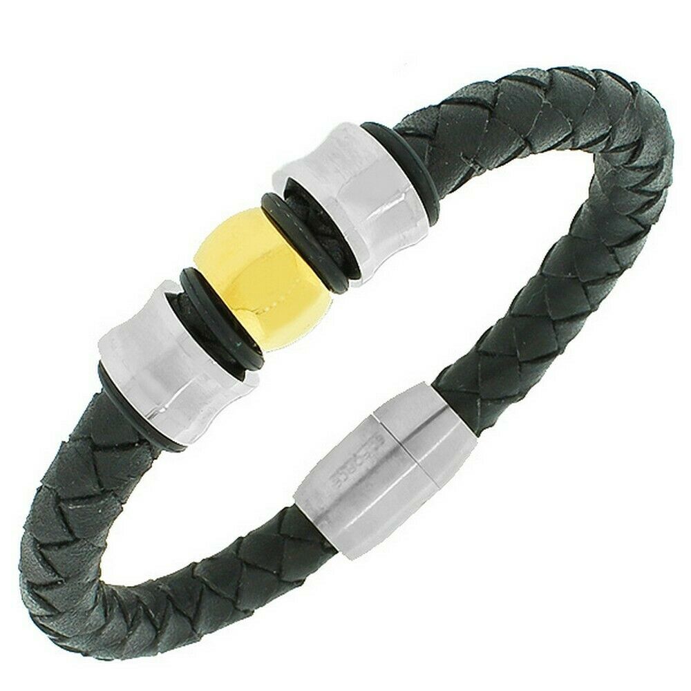 

Stainless Steel and Black Leather Two Tone Magnetic Unisex Bracelet