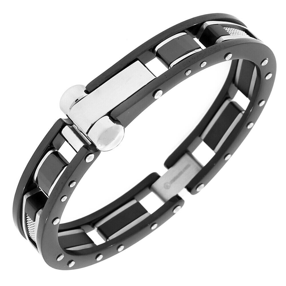 

Stainless Steel Black Silver-Tone Mesh Handcuff Mens Bracelet with Clasp