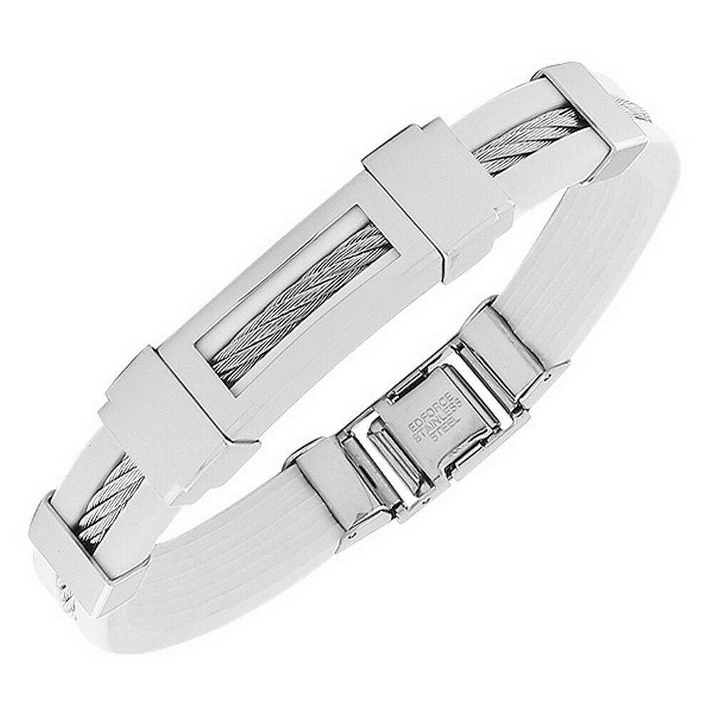 

Stainless Steel White Rubber Silver Tone Twisted Cable Unisex Bracelet