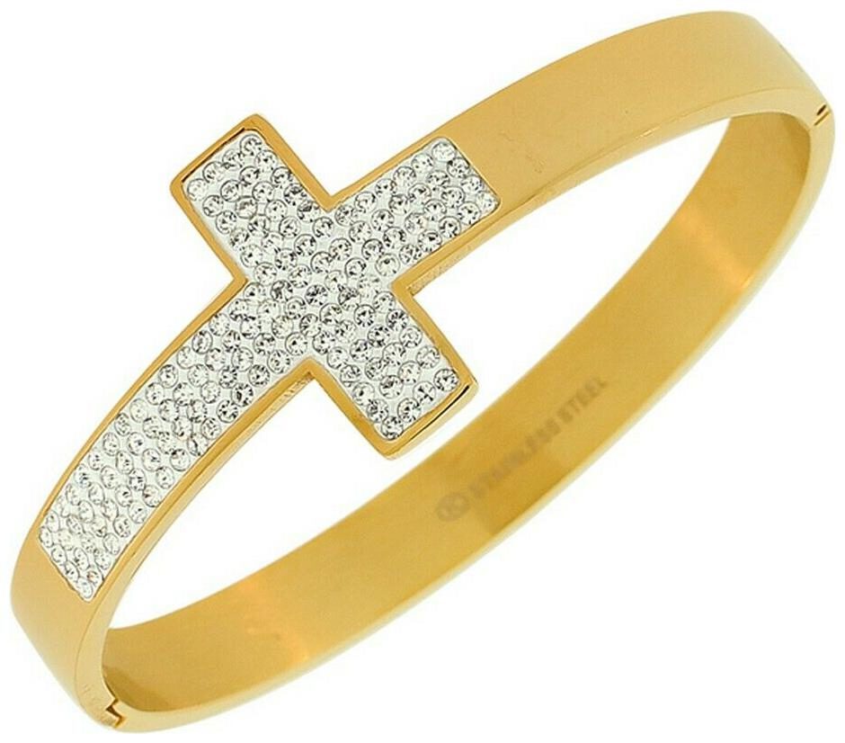 

Stainless Steel Yellow Gold-Tone Religious Cross White Crystals Womens Bracelet