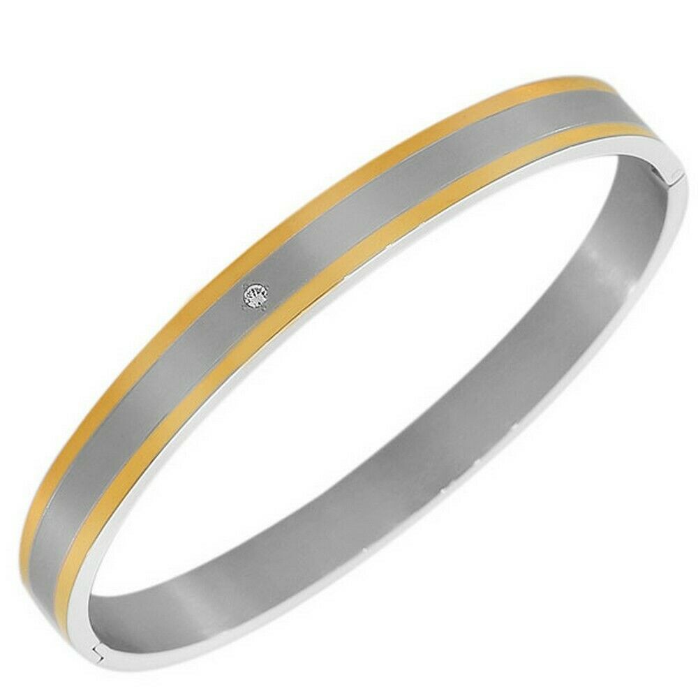 

Stainless Steel Yellow Gold Silver Crystal CZ Matte Polished Oval Mens Bracelet