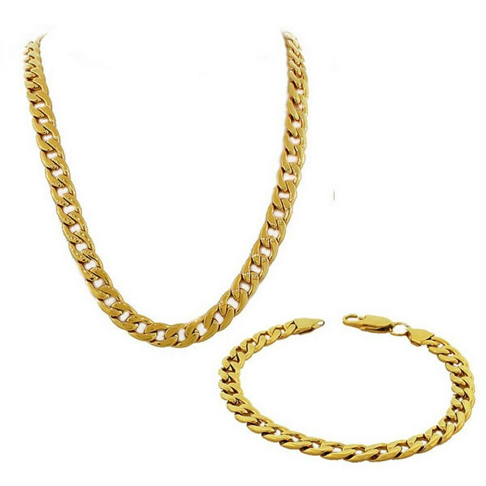 

Stainless Steel Silver-Tone Mens Classic Cuban Link Chain Necklace Bracelet Set