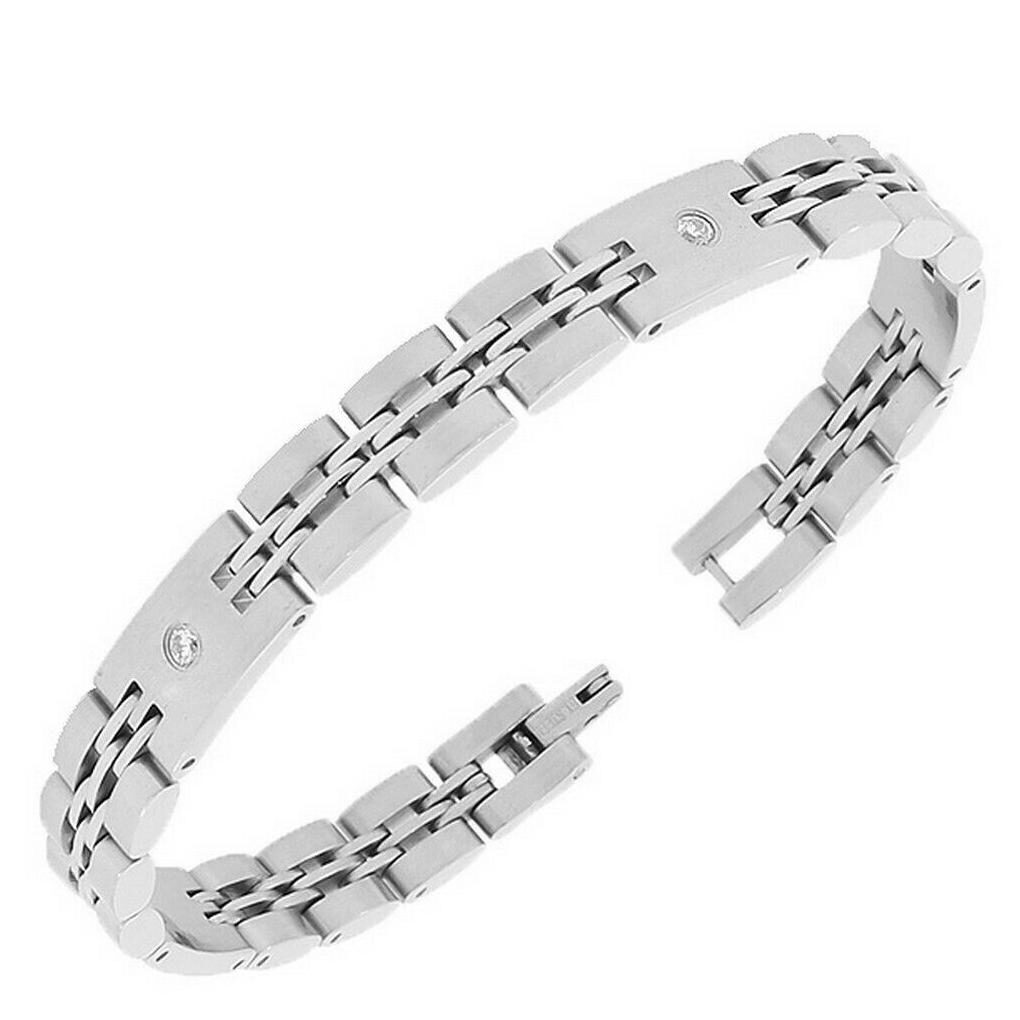 

Stainless Steel Silver-Tone Link Chain White Round Crystals CZ Mens Bracelet