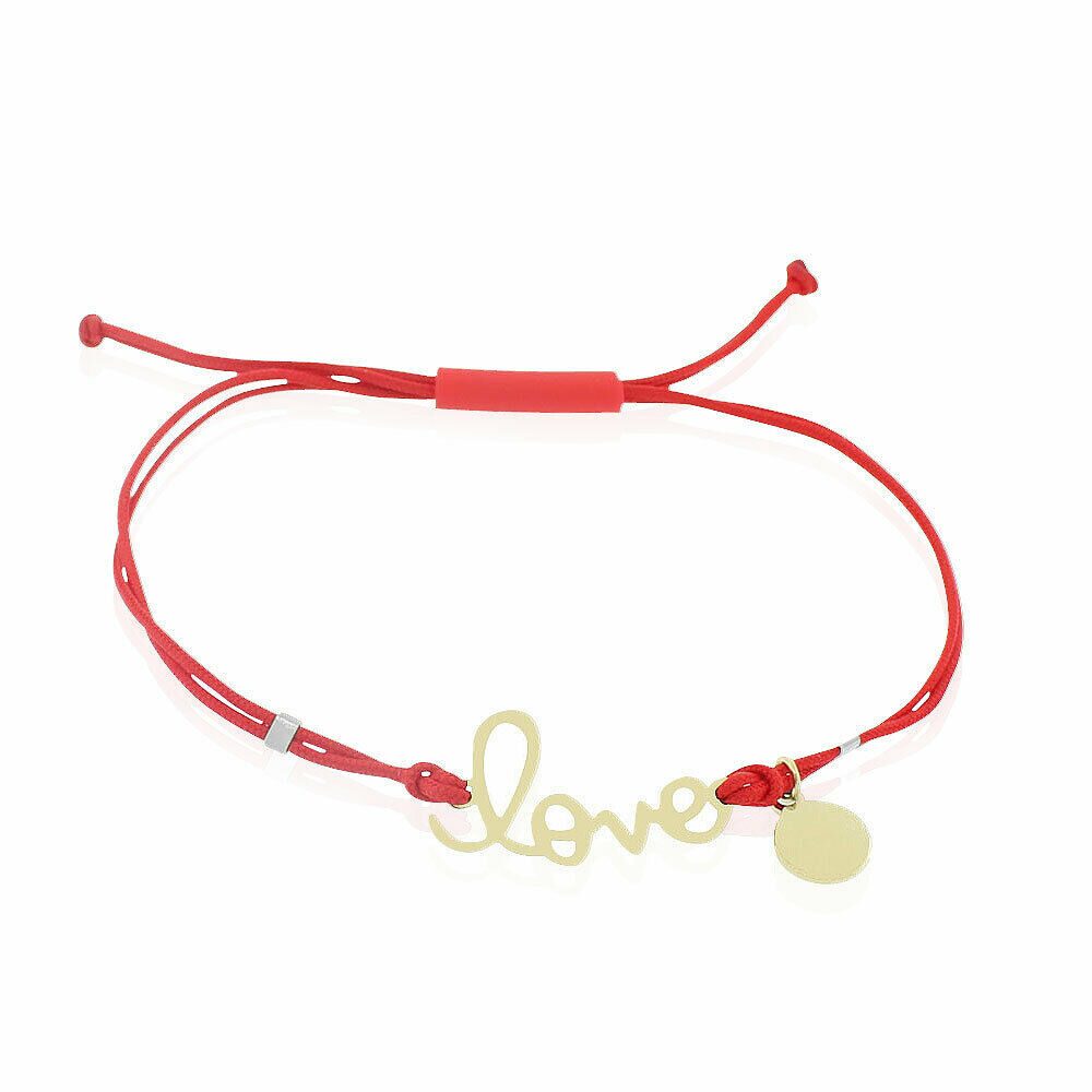 

Stainless Steel Yellow Gold-Tone Red Cord Love Script Charm Adjustable Bracelet