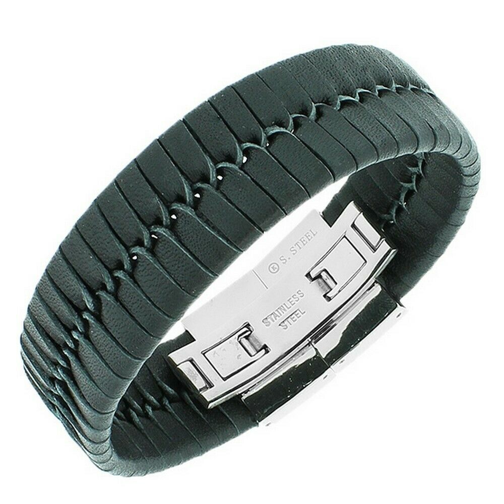

Stainless Steel Black Leather Silver Tone Braided Mens Bracelet with Clasp
