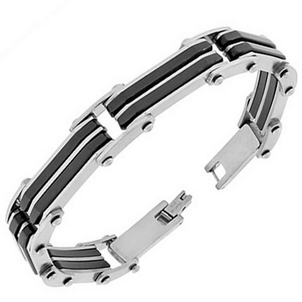 

Stainless Steel Silver Black Two-Tone Link Chain Mens Bracelet with Clasp