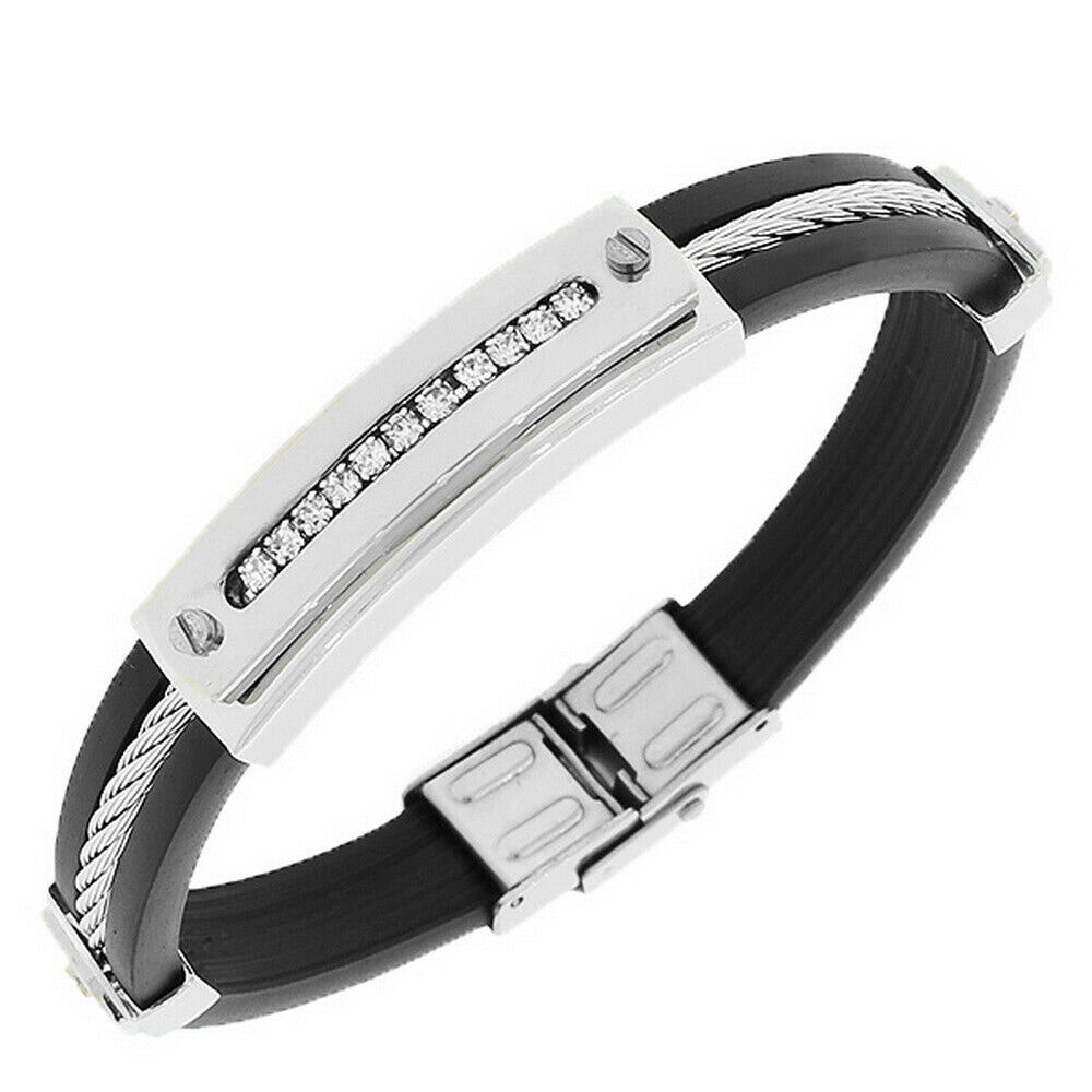 

Stainless Steel Black Rubber Silver-Tone CZ Mens Bracelet
