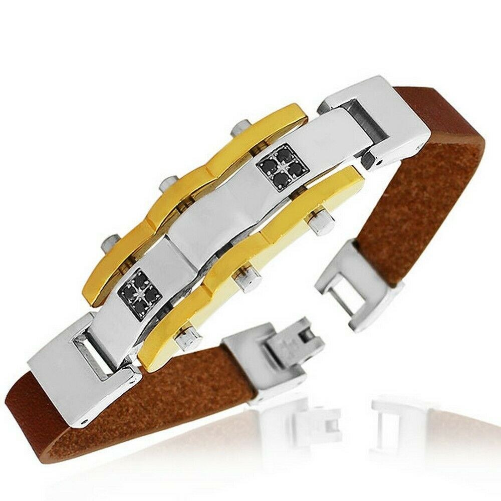 

Stainless Steel Brown Leather Silver Gold-Tone Black Crystals CZ Mens Bracelet