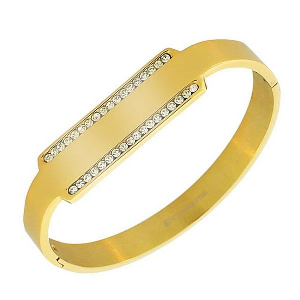 

Stainless Steel Yellow Gold-Tone White Crystals CZ Bangle Bracelet with Clasp