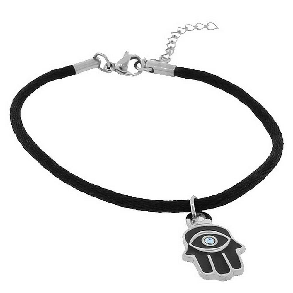 

Stainless Steel Blue Crystal CZ Black Evil Eye Hamsa Womens Adjustable Bracelet