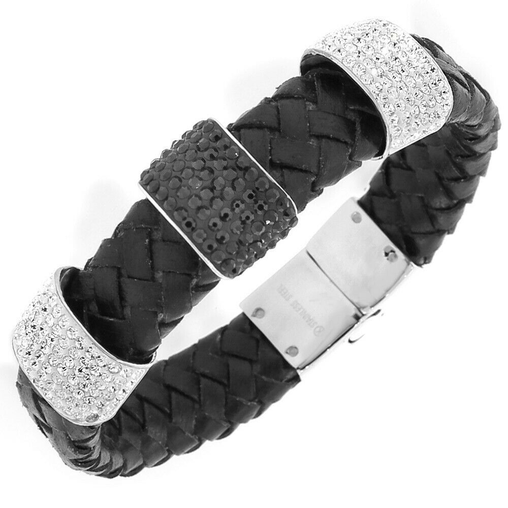 

Stainless Steel Black Leather Silver-Tone White Black Crystals CZ Mens Bracelet