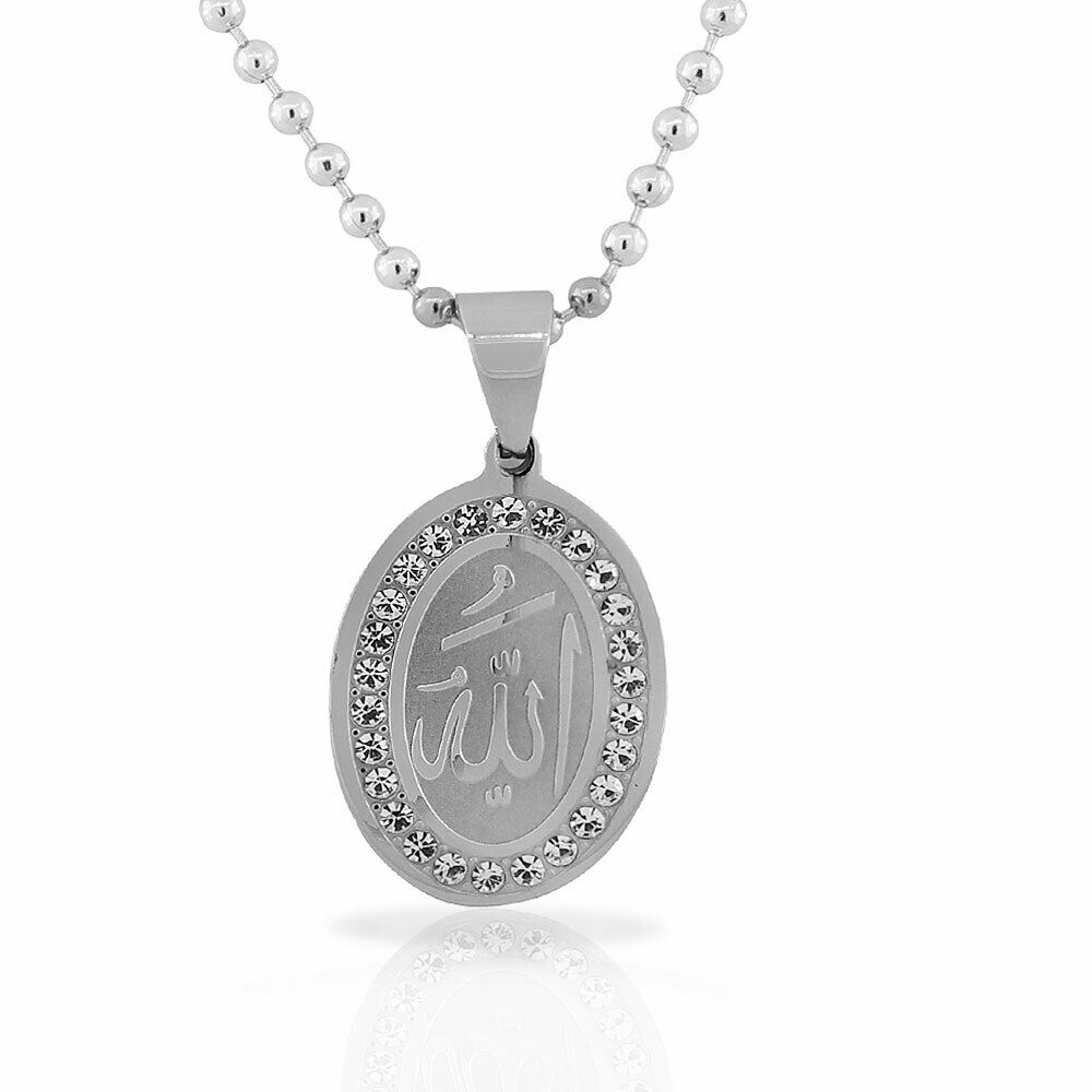 

Stainless Steel Silver-Tone White CZ Muslim Islam God Allah Pendant Necklace