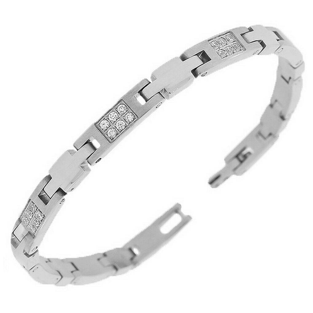 

Stainless Steel Silver-Tone Link Chain White Round Crystals CZ Unisex Bracelet