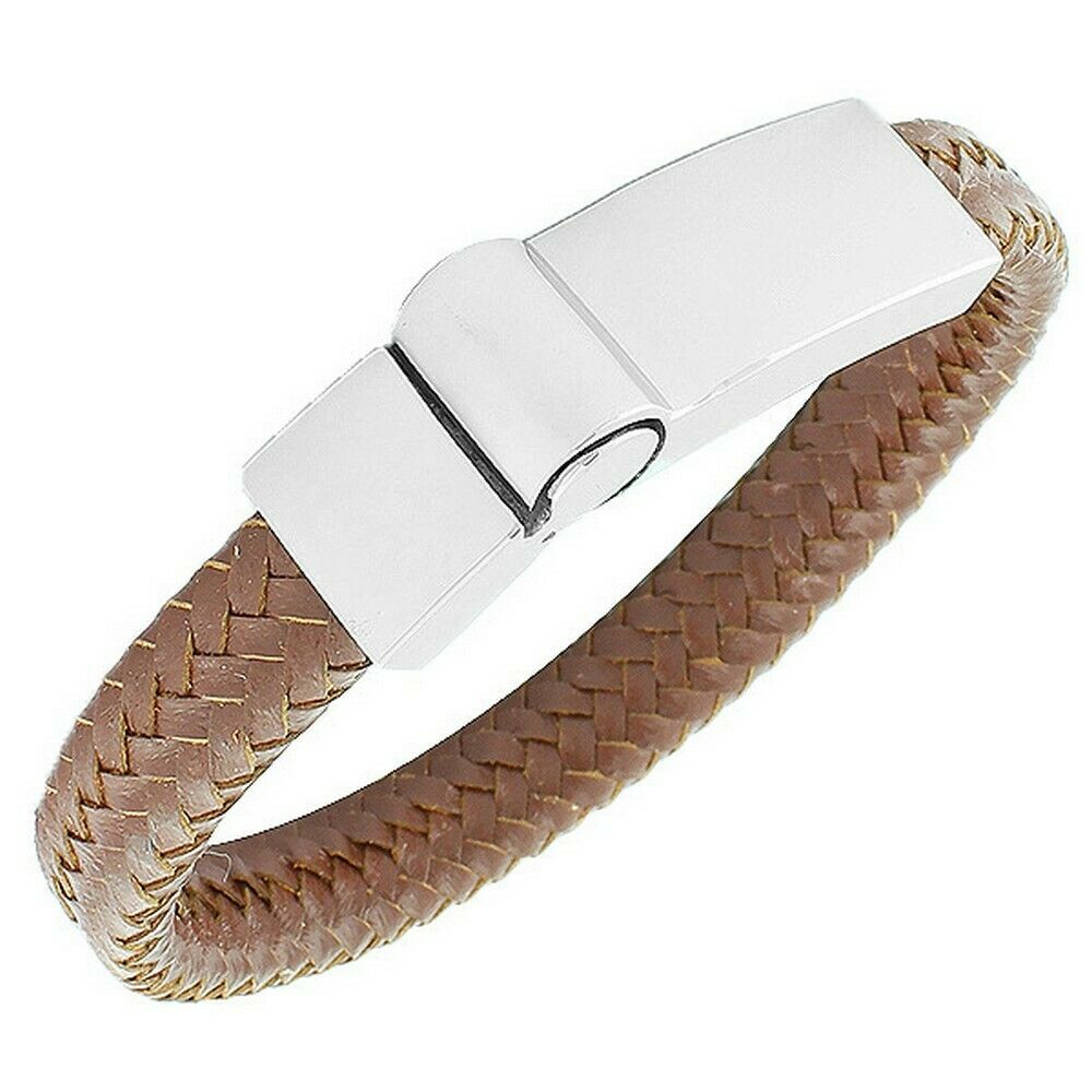 

Stainless Steel Brown Leather Silver-Tone Braided Men s Bracelet
