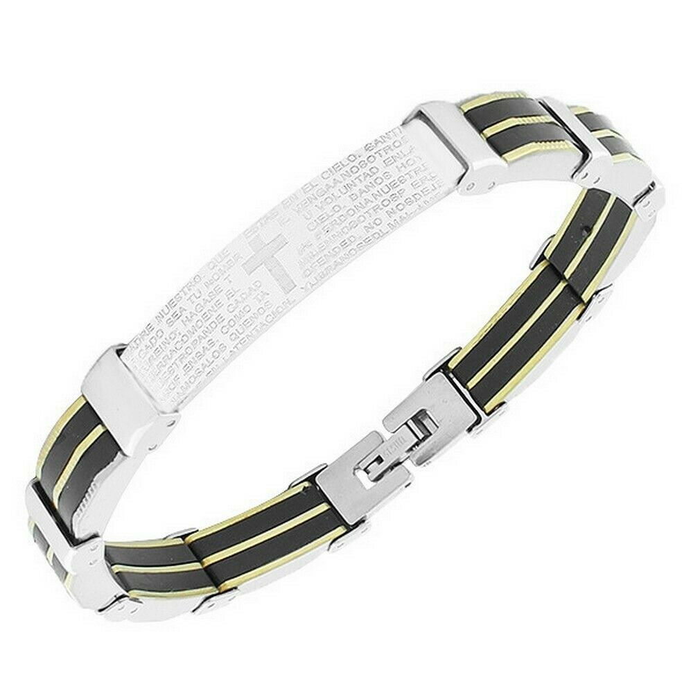 

Stainless Steel Three Tone Religious Cross Lords Prayer Mens Chain Bracelet
