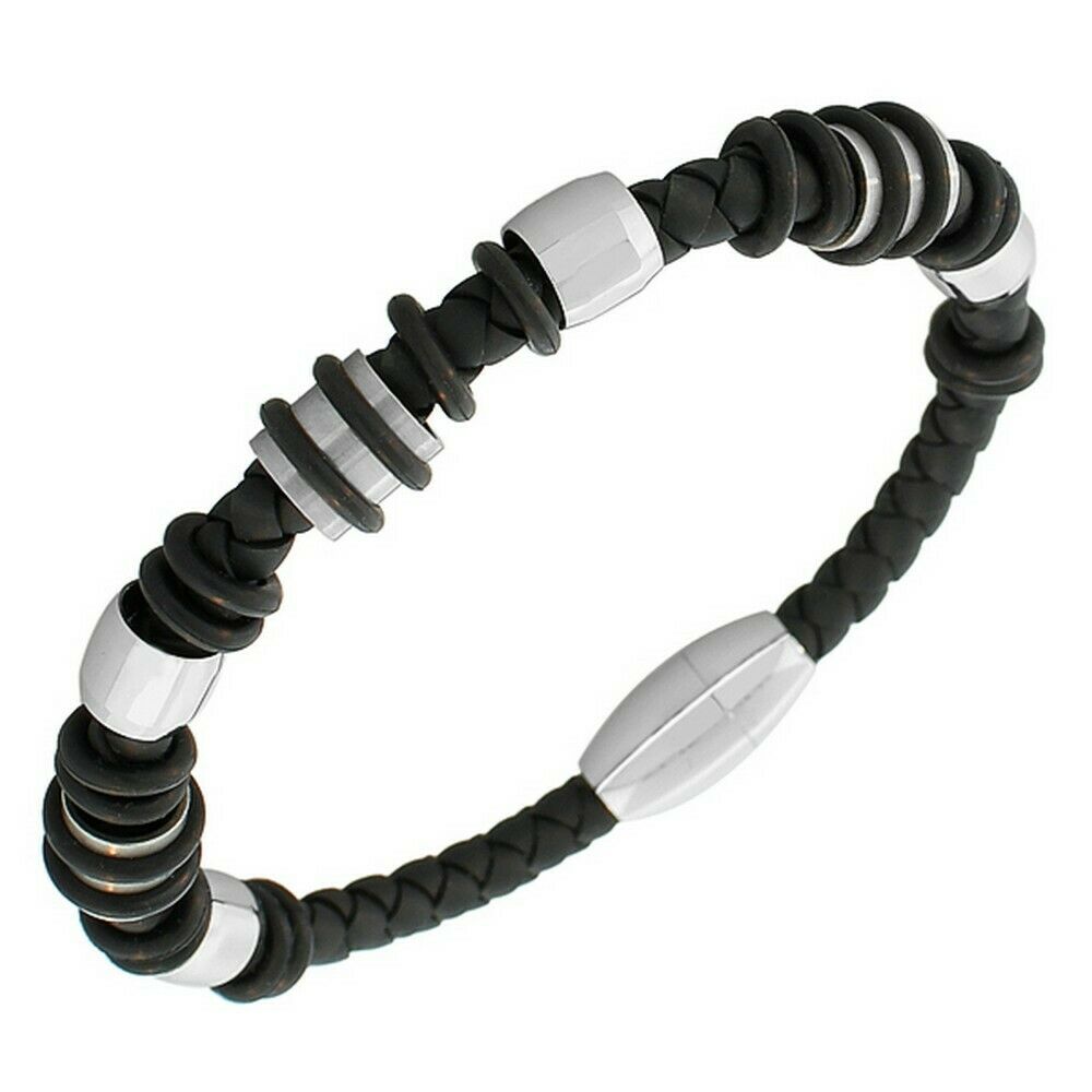 

Stainless Steel Black Braided Leather Silver-Tone Mens Wristband Bracelet