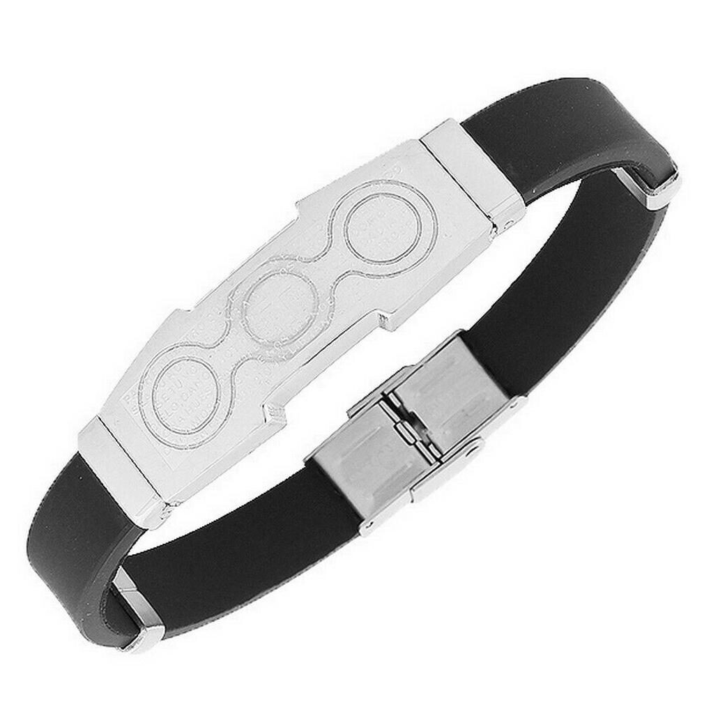 

Stainless Steel Black Rubber Religious Cross Lords Prayer Mens Bangle Bracelet