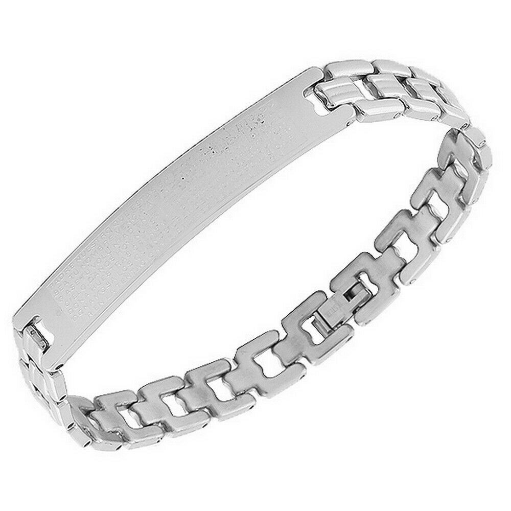 

Stainless Steel Silver Tone Religious Cross Lords Prayer Mens Chain Bracelet