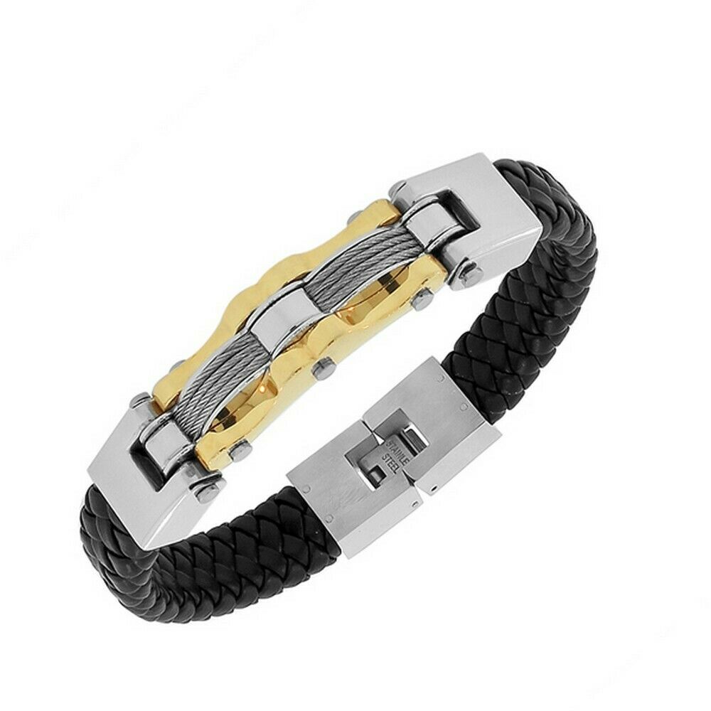 

Stainless Steel Black Braided Leather Silver Yellow Gold Two-Tone Mens Bracelet