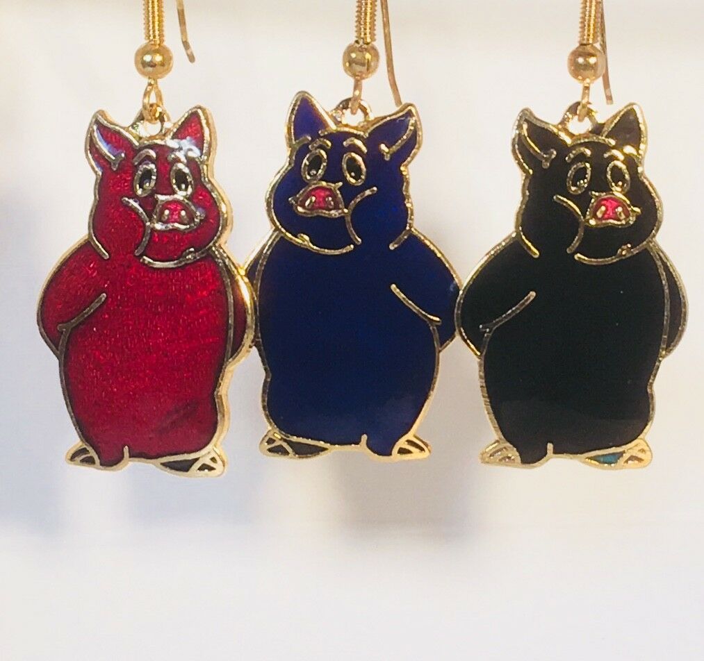 

Standing Pig Stefano Dangle Earrings Vintage (new) Cloisonne Gold Plate