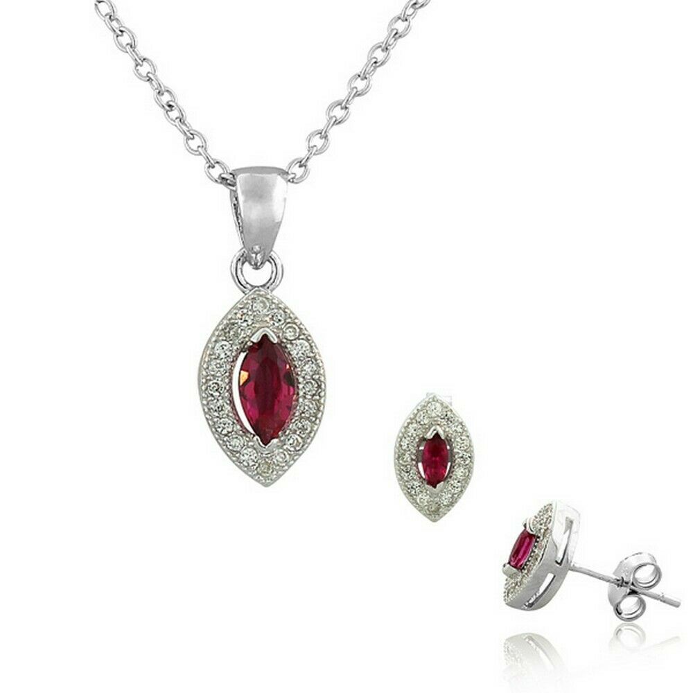 

Sterling Silver Pink White Crystals Marquise Pendant Necklace Stud Earrings Set