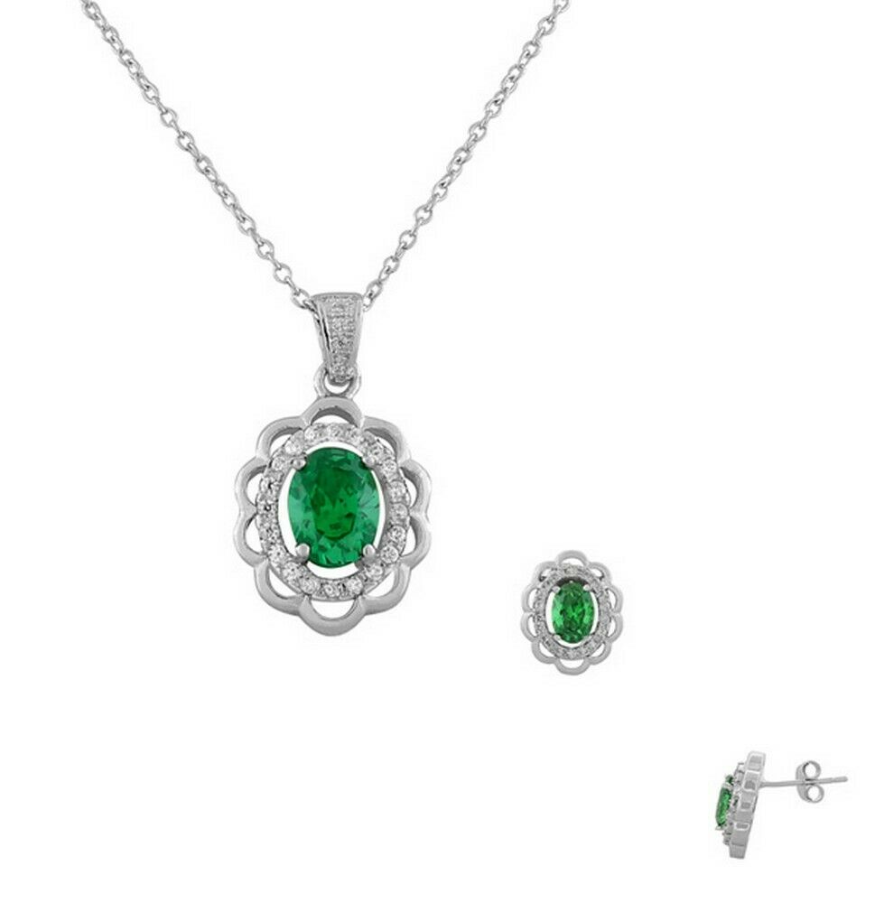 

Sterling Silver Green Emerald White Crystals CZ Oval Pendant Earrings Set