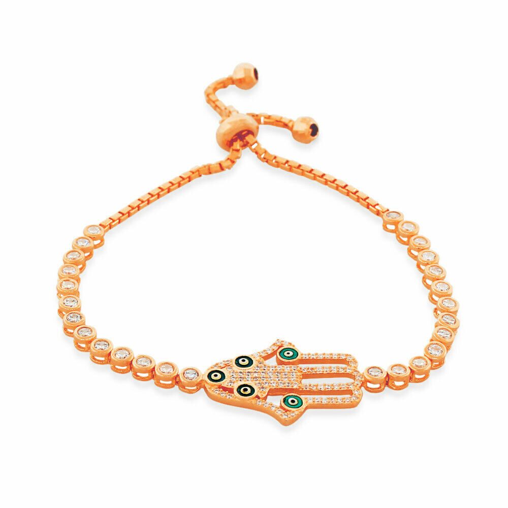 

Sterling Silver Rose Gold-Tone Crystals CZ Hamsa Evil Eye Link Chain Bracelet