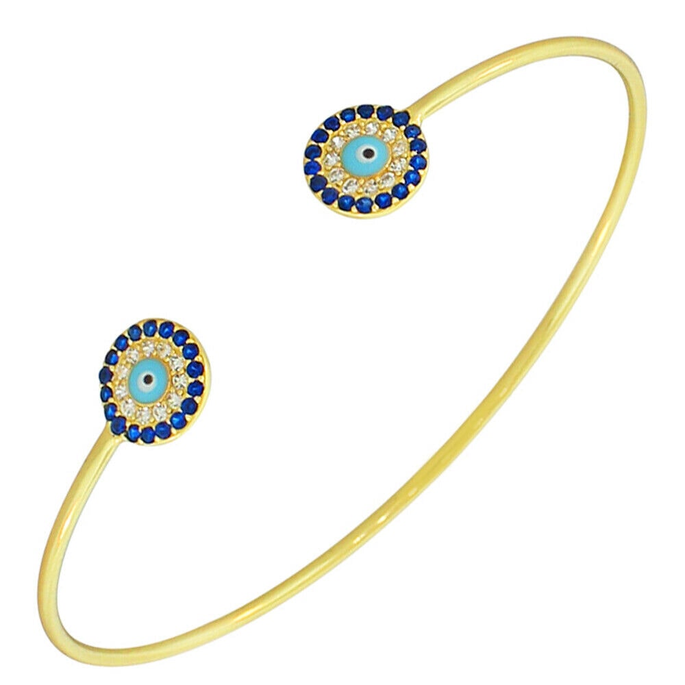 

Sterling Silver Gold-Tone Crystals Protection Evil Eye Open End Bangle Bracelet