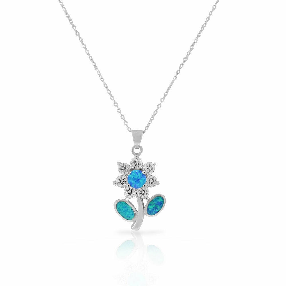 

Sterling Silver Blue Simulated Opal CZ Large Statement Flower Pendant Necklace