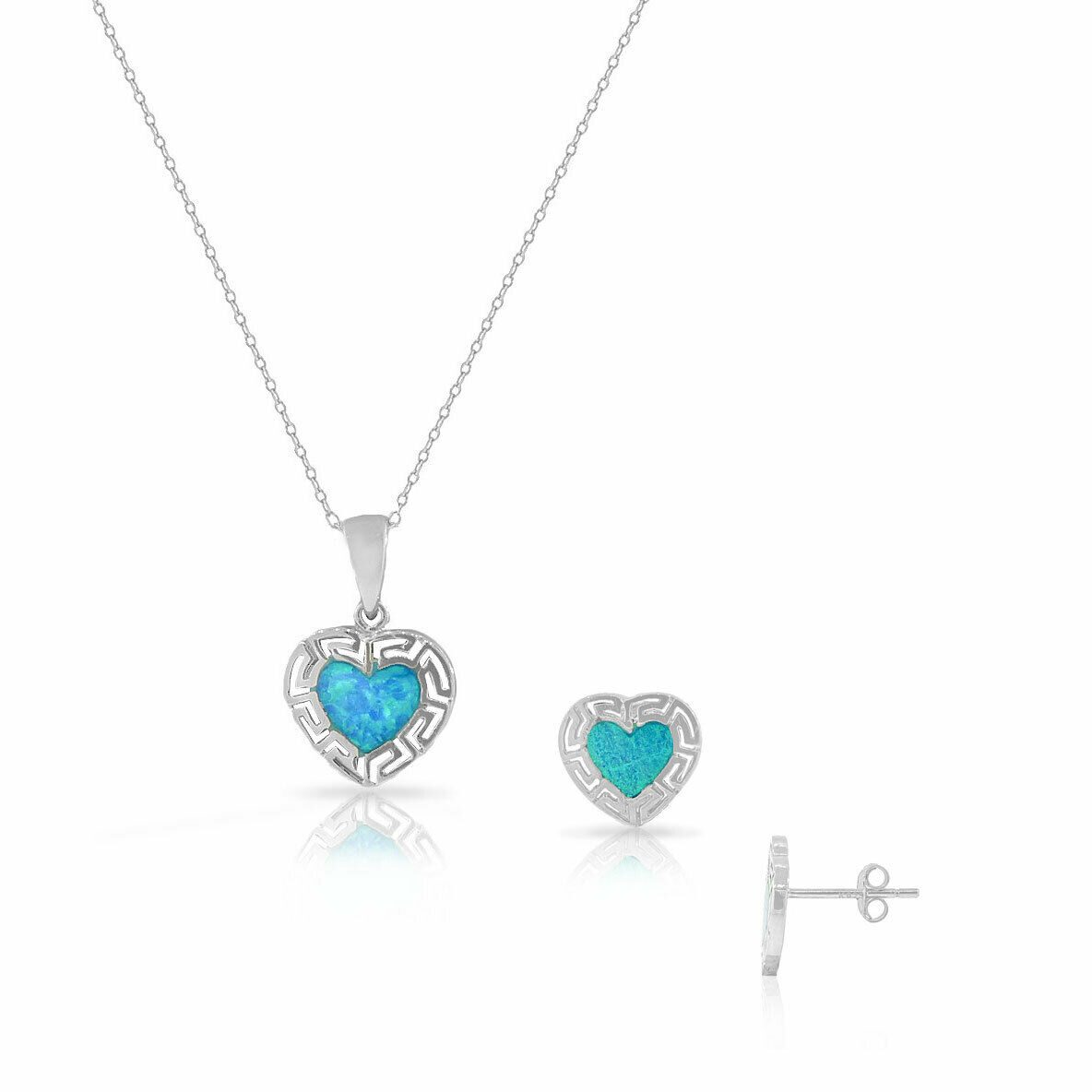 

Sterling Silver Blue Simulated Opal Heart Stud Earrings Pendant Necklace Set
