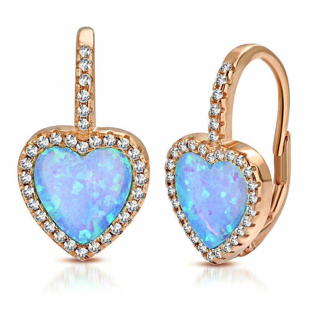

Sterling Silver Rose Gold-Tone CZ Simulated Blue Opal Heart Dangle Earrings